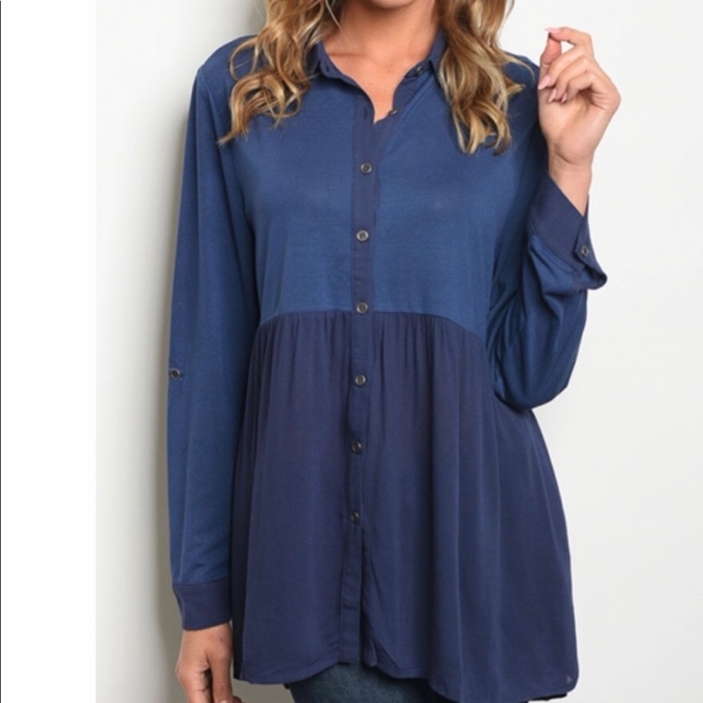 💗BLUE 2-TONE LONG SLEEVE, BUTTON DOWN TUNIC💗